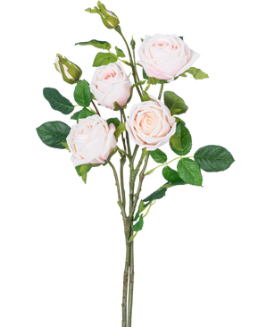 La branche de rose artificielle double Real Touch rose clair 80 cm a une tige avec trois roses rose clair entièrement épanouies, deux boutons de roses et plusieurs feuilles vertes sur un fond blanc.