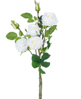 La branche de rose artificielle double Real Touch blanche 80 cm a une tige avec trois roses artificielles blanches en fleurs, des feuilles vertes et des boutons de roses sur un fond blanc uni.