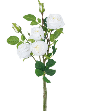 La branche de rose artificielle double Real Touch blanche 80 cm a une tige avec trois roses artificielles blanches en fleurs, des feuilles vertes et des boutons de roses sur un fond blanc uni.