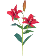 La Fleur Artificielle Lys Real Touch rouge 95 cm a une tige avec deux fleurs de lys rouges ouvertes, un bourgeon fermé et plusieurs feuilles vertes, le tout sur un fond blanc.