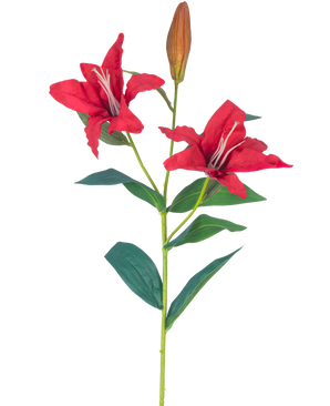 La Fleur Artificielle Lys Real Touch rouge 95 cm a une tige avec deux fleurs de lys rouges ouvertes, un bourgeon fermé et plusieurs feuilles vertes, le tout sur un fond blanc.