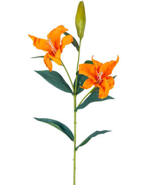 La Fleur Artificielle Lys Real Touch orange 95 cm a une tige unique avec deux lys orange ouverts, un bourgeon fermé au sommet et des feuilles vertes longues et étroites, le tout sur un fond blanc.
