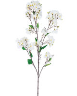 La Fleur Artificielle Bougainvillier 120 cm blanc est une tige de fleur artificielle avec de multiples branches brunes, des feuilles vertes et des bouquets de fleurs blanches au centre jaune, représentées sur un fond blanc.