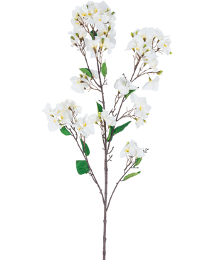 La Fleur Artificielle Bougainvillier 120 cm blanc est une tige de fleur artificielle avec de multiples branches brunes, des feuilles vertes et des bouquets de fleurs blanches au centre jaune, représentées sur un fond blanc.