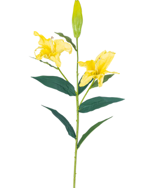 La Fleur Artificielle Lys Real Touch Jaune 95 cm possède une tige unique avec deux fleurs de lys jaunes ouvertes, un bourgeon fermé au sommet et de longues feuilles vertes, le tout sur un fond blanc uni.
