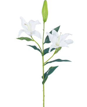 La Fleur Artificielle Lys Real Touch blanc 95 cm possède une seule tige verte avec deux fleurs de lys blanches ouvertes, des feuilles vert foncé et un bourgeon fermé, sur un fond blanc uni.