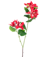 La Fleur Artificielle Rhododendron 85 cm rouge clair est une tige artificielle avec des feuilles vertes et deux bouquets de fleurs rouge clair et blanches sur fond blanc.