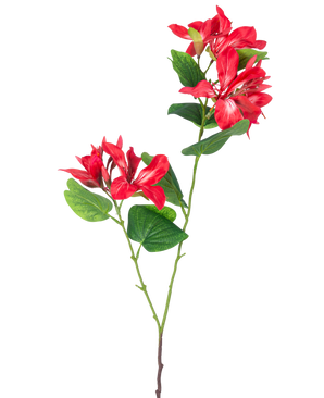 La Fleur Artificielle Rhododendron 85 cm rouge clair est une tige artificielle avec des feuilles vertes et deux bouquets de fleurs rouge clair et blanches sur fond blanc.