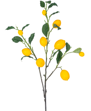 La Branche Artificielle Citron 104 cm jaune possède une branche avec plusieurs citrons jaune vif et des feuilles vertes sur fond blanc.