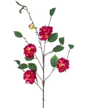 La Fleur Artificielle Camélia Japonais 95 cm Rouge Vin a une branche brune avec des feuilles vertes, des bouquets de fleurs rouge vin et jaune vif et un petit bourgeon fermé, le tout sur un fond blanc.