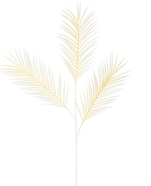 La fougère artificielle à branche large 101 cm blanche présente une délicate feuille de palmier jaune clair avec trois feuilles ramifiées sur un fond blanc uni.
