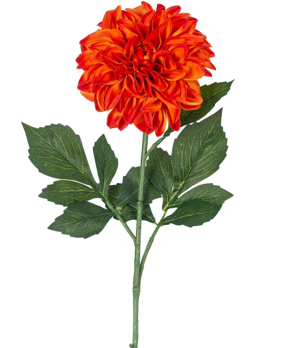 Une seule fleur artificielle Dahlia Real Touch Orange, de 72 cm de haut, a des pétales superposés orange et rouge vif avec des feuilles vertes sur un fond blanc uni.