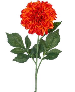 Een enkele Kunstbloem Dahlia Real Touch Oranje, 72 cm hoog, heeft levendige oranje en rode gelaagde bloemblaadjes met groene bladeren tegen een effen witte achtergrond.