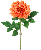 Une seule tige orange Kunst Georgine Real Touch de 70 cm présente des pétales de dahlia orange superposés et des feuilles vertes, sur un fond blanc.