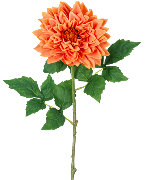 Une seule tige orange Kunst Georgine Real Touch de 70 cm présente des pétales de dahlia orange superposés et des feuilles vertes, sur un fond blanc.
