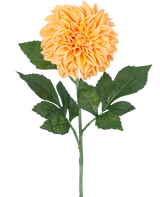 Een enkele Kunstbloem Dahlia Real Touch Perzik, 72 cm hoog, heeft meerdere groene bladeren en een grote, volle perzikkleurige bloem tegen een effen witte achtergrond.
