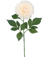 De Kunstbloem Dahlia Real Touch Beige 72 cm heeft een enkele beige dahlia met gelaagde bloemblaadjes en groene bladeren op een lange steel, geïsoleerd op een witte achtergrond.