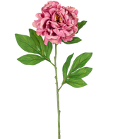 La fleur artificielle pivoine rose 77 cm a une seule pivoine rose avec des pétales superposés et des feuilles vertes sur une tige longue et mince sur un fond blanc.