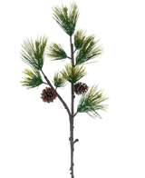 La Branche Artificielle Pin Noir 100 cm vert possède de longues et fines aiguilles de pin vert et deux pommes de pin marron sur un fond blanc uni.