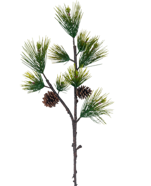 La Branche Artificielle Pin Noir 100 cm vert possède de longues et fines aiguilles de pin vert et deux pommes de pin marron sur un fond blanc uni.