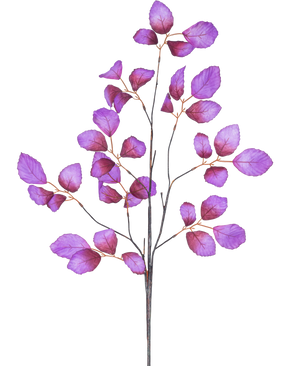 La Branche Artificielle Feuille de Pommier 90 cm violette possède une tige élancée et ramifiée avec de multiples brindilles ornées de feuilles violettes éclatantes, présentées sur un fond blanc.