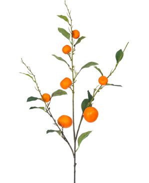 Une branche de mandarine artificielle de 93 cm orange avec des feuilles vertes et un certain nombre de mandarines oranges mûres est représentée sur un fond blanc uni.