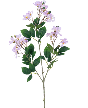 Une seule fleur artificielle Lagerstroemia de 92 cm violette avec des bouquets de fleurs violet clair et plusieurs feuilles vertes, sur un fond blanc uni.