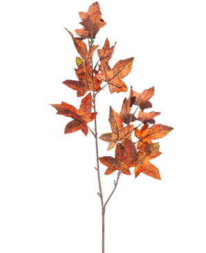 Une branche de Branche Artificielle Feuille de Chêne 90 cm rouge possède plusieurs feuilles de chêne aux tons rouges qui évoquent l'automne sur un fond uni blanc.