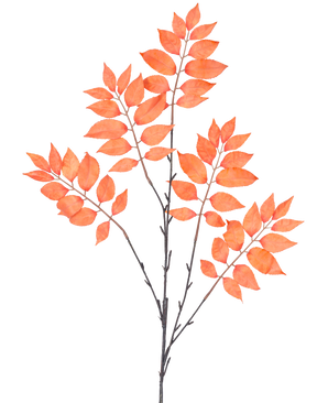 La fougère artificielle ramifiée de 83 cm orange possède trois bouquets de tiges fines et foncées avec de nombreuses feuilles ovales rouge orangé symétriques et ouvertes sur un fond blanc.