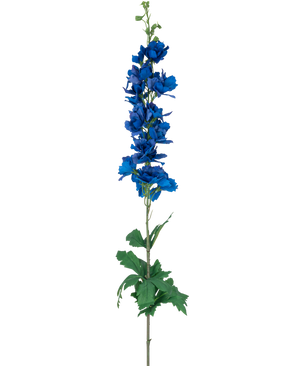 La fleur artificielle Larkspur Real Touch bleu foncé 90 cm a une haute tige unique avec des fleurs superposées bleu foncé vibrantes et des feuilles vertes, sur un fond blanc uni.