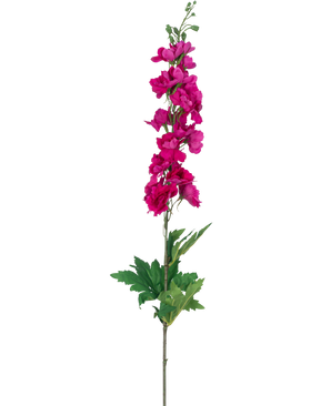 Une seule fleur artificielle Larkspur Real Touch rose, de 90 cm de haut avec plusieurs fleurs roses le long de la tige supérieure et des feuilles vertes à la base, représentée sur un fond blanc.