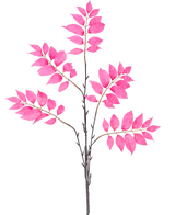 La Fougère Branche Artificielle ramifiée 83 cm rose possède une seule tige brun foncé qui se ramifie en plusieurs tiges plus petites, chacune décorée de grappes de feuilles rose vif sur fond blanc.