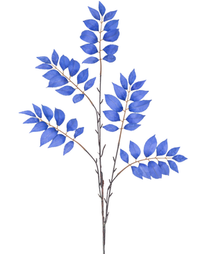 Une illustration à l'aquarelle de la Fougère Branche Artificielle ramifiée, une branche artificielle de 83 cm avec de multiples tiges fines et des bouquets de feuilles bleues, sur fond blanc.