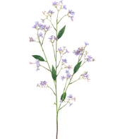 La Branche Artificielle Daphné Spray 108 cm violet possède une longue tige verte avec de multiples branches, chacune décorée de petites fleurs violettes et de feuilles vertes, sur un fond uni blanc.