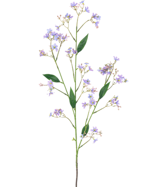 La Branche Artificielle Daphné Spray 108 cm violet possède une longue tige verte avec de multiples branches, chacune décorée de petites fleurs violettes et de feuilles vertes, sur un fond uni blanc.