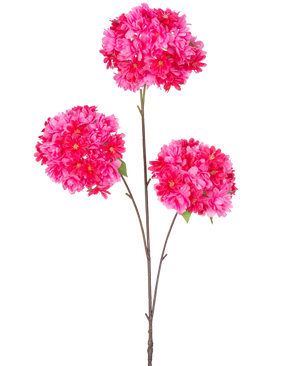 La Branche Artificielle Fleur de Cerisier 85 cm rose a une seule tige avec trois bouquets de fleurs de cerisier artificielles rose vif et des feuilles vertes sur de fines branches brunes, isolées sur un fond blanc.