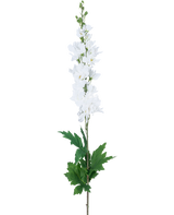 Een Kunstdelphinium Real Touch Wit 90cm met een lange steel met witte ridderspoor bloemen en groene bladeren, geïsoleerd tegen een effen witte achtergrond.