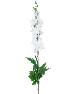 Een Kunstdelphinium Real Touch Wit 90cm met een lange steel met witte ridderspoor bloemen en groene bladeren, geïsoleerd tegen een effen witte achtergrond.
