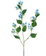 De Kunstbloem Wilde Hortensia 93 cm blauw heeft een enkele kunststengel met meerdere takken, groene bladeren en trosjes kleine, delicate lichtblauwe bloemen.