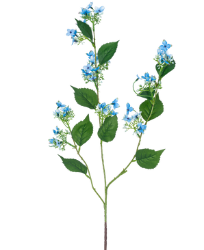 De Kunstbloem Wilde Hortensia 93 cm blauw heeft een enkele kunststengel met meerdere takken, groene bladeren en trosjes kleine, delicate lichtblauwe bloemen.