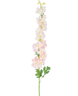 La Fleur Artificielle Delphinium 105 cm rose est une seule tige artificielle haute avec des fleurs de pied d'alouette rose clair et blanches avec des feuilles vertes, isolées sur un fond blanc.