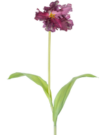 La Fleur Artificielle Tulipe Perruche Française 76 cm violette est une tulipe violette artificielle simple avec des volants dans les pétales et deux feuilles vertes allongées sur une longue tige, sur un fond blanc uni.