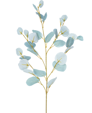 La Branche Artificielle d'Eucalyptus 84 cm est une tige artificielle unique à branches multiples, avec des feuilles rondes bleu-vert clair sur un fond uni blanc.