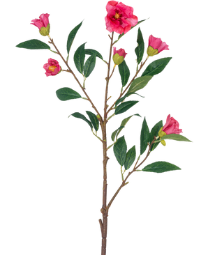 La Fleur Artificielle Camélia 80 cm rose est une tige unique avec de multiples branches, des feuilles vertes et plusieurs fleurs et bourgeons rose vif, isolées sur fond blanc.