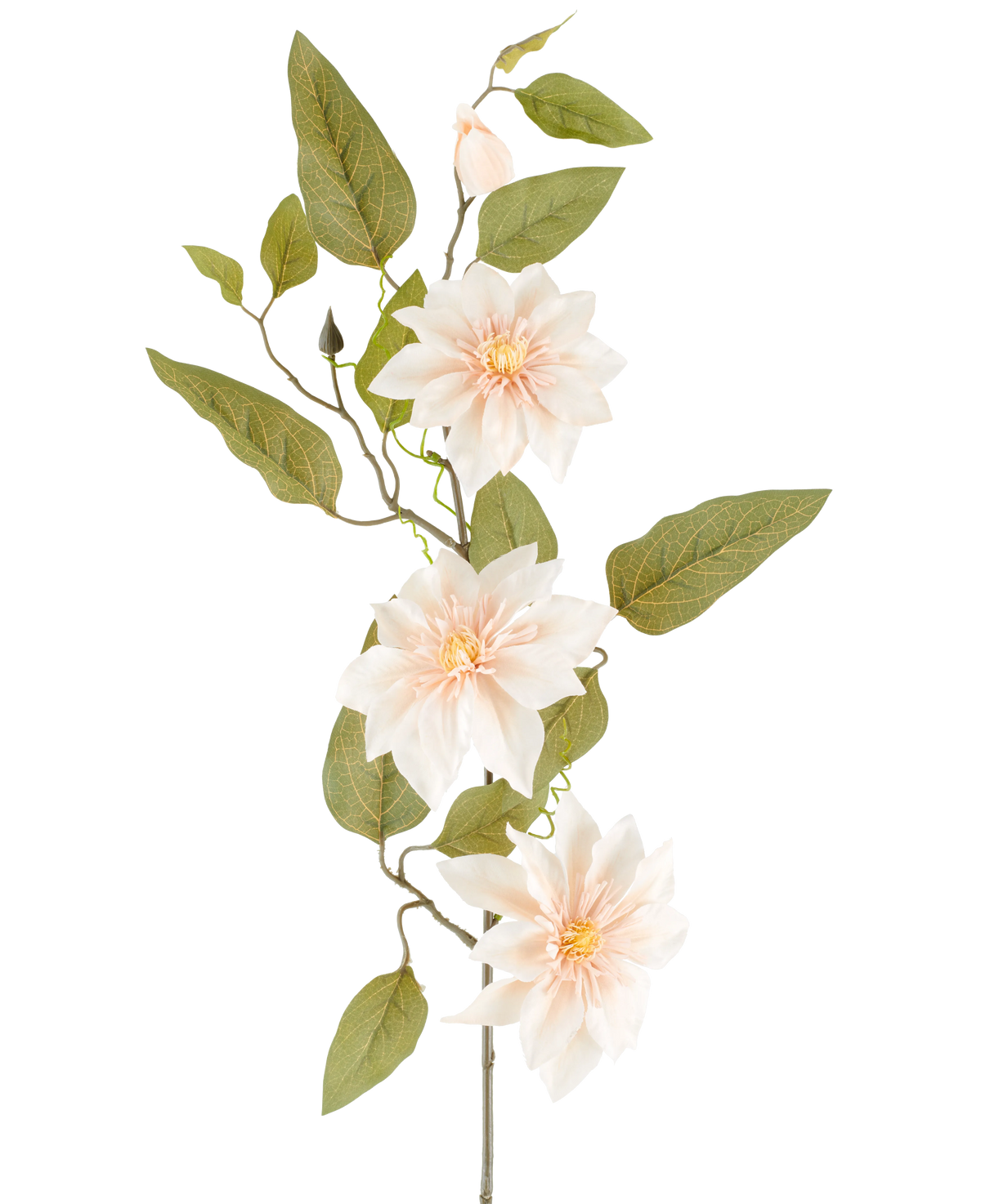 Une clématite artificielle détaillée de 81 cm de couleur « vieille crème » se compose de trois fleurs rose clair, de diverses feuilles vertes et de quelques bourgeons, sur un fond blanc uni.