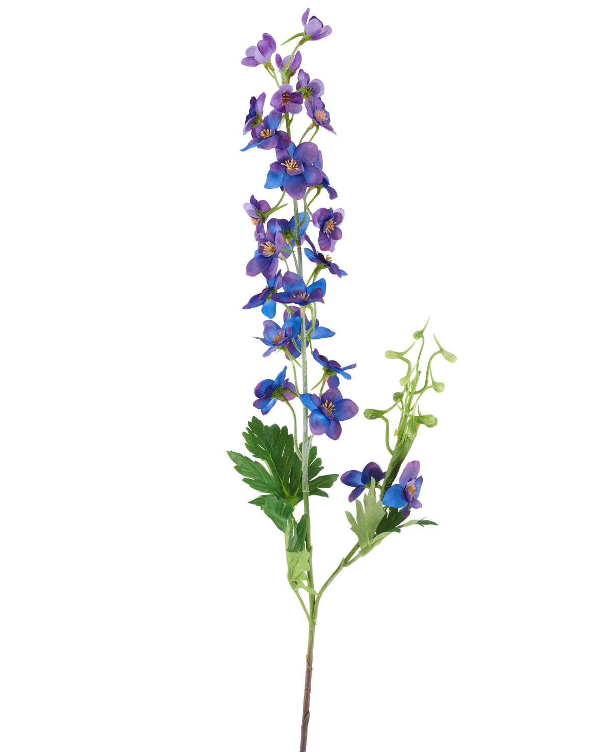 Une seule grande fleur artificielle Delphinium mesurant 79 cm avec une tige violette, avec de petites fleurs violettes et bleues vibrantes et des feuilles vertes sur un fond blanc uni.