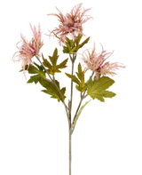 Une seule tige de fleur artificielle Armeria maritima, 67 cm vieux rose, avec plusieurs feuilles vertes et trois fleurs pointues vieux rose, représentée sur un fond blanc uni.