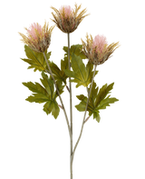 La fleur artificielle Chardon 67 cm vieux rose se compose de trois fleurs de chardon artificielles épineuses roses et dorées avec des feuilles vertes sur des tiges grises, représentées sur un fond blanc.