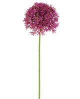 Une seule longue tige de Pissenlit Artificiel 63 cm fuchsia porte une grappe ronde de petites fleurs fuchsia en forme d'étoile sur un fond blanc.
