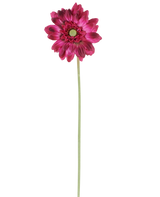 Une seule fleur artificielle Mini Gerbera de 47 cm de couleur rose foncé avec des pétales superposés et un cœur vert sur une longue et mince tige verte, isolée sur un fond blanc.